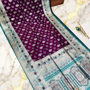 Elegant Handcrafted Puri Gazzi Satin Saree in Royal Purple with Teal & Silver Zari Border – With Blouse Piece