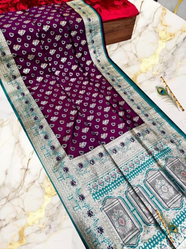 Elegant Handcrafted Puri Gazzi Satin Saree in Royal Purple with Teal & Silver Zari Border – With Blouse Piece