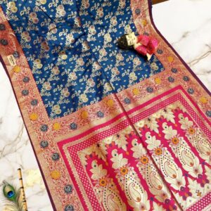 Handcrafted Puri Gazzi Satin Saree in Royal Blue & Rani Pink with Golden Zari Weaving – With Blouse Piece