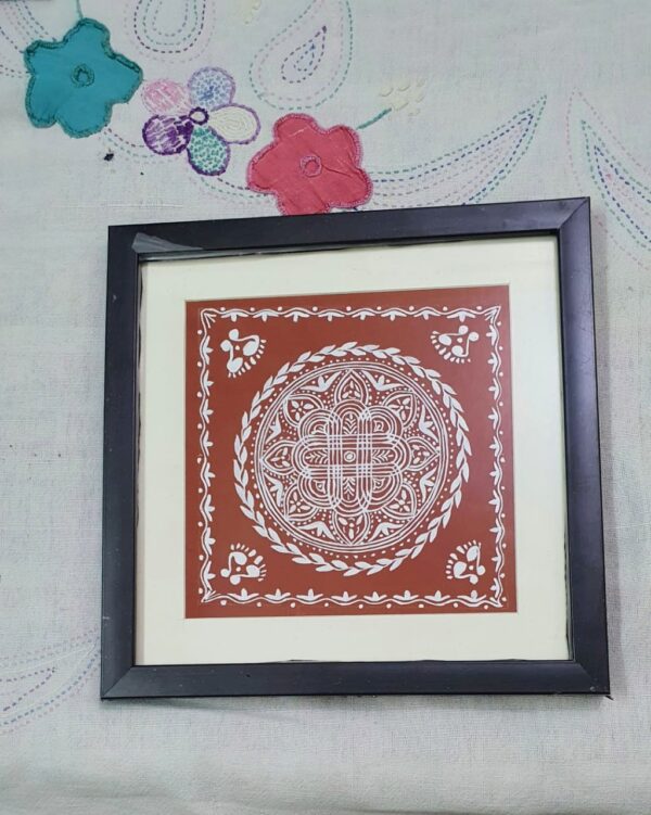 Handcrafted Aipan Art Saraswati Chowki on Geru Canvas with Wooden & Glass Frame – 22cm x 22cm