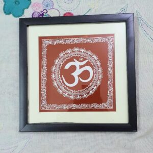 Handcrafted Aipan Art Om Symbol | Geru Red Canvas in Wooden Glass Frame (22cm x 22cm)