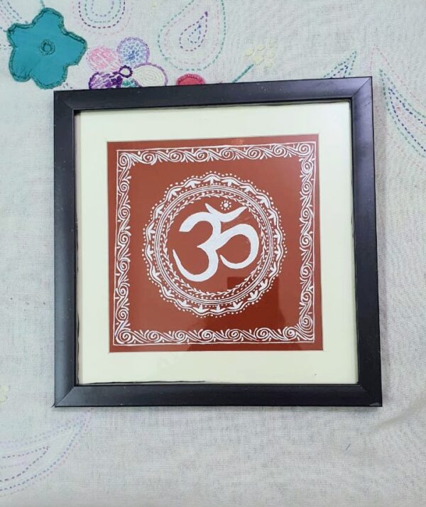 Handcrafted Aipan Art Om Symbol | Geru Red Canvas in Wooden Glass Frame (22cm x 22cm)