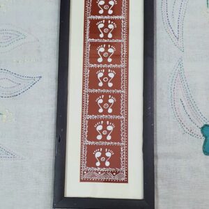 Handcrafted Aipan Art Lakshmi Feet | Geru Red Canvas in Wooden Glass Frame (37cm x 14cm)