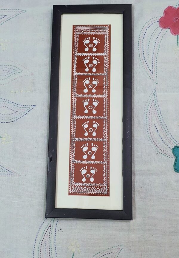 Handcrafted Aipan Art Lakshmi Feet | Geru Red Canvas in Wooden Glass Frame (37cm x 14cm)