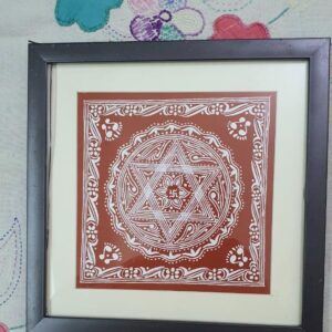 Traditional Aipan Art Lakshmi Chowki – Sacred Mandala Hand-Painting on Geru Canvas (Framed, 24cm x 24cm)