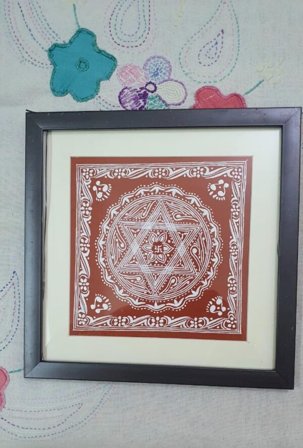 Traditional Aipan Art Lakshmi Chowki – Sacred Mandala Hand-Painting on Geru Canvas (Framed, 24cm x 24cm)