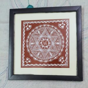 Handcrafted Aipan Maa Lakshmi Chowki – Geru Canvas with Intricate White Mandala Design (Framed, 24cm x 24cm)