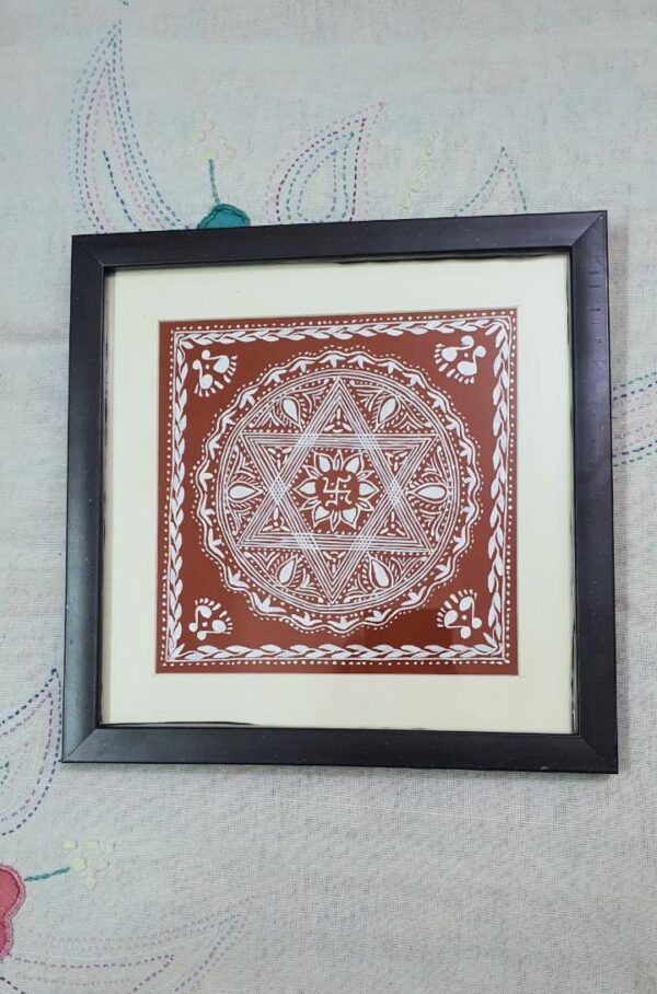 Handcrafted Aipan Maa Lakshmi Chowki – Geru Canvas with Intricate White Mandala Design (Framed, 24cm x 24cm)