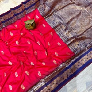 Handcrafted Mahabalipuram Silk Saree – Rani Pink Body with Royal Blue Zari Border & Pallu (with Blouse Piece)