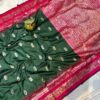Handcrafted Mahabalipuram Silk Saree – Bottle Green Body with Magenta Pink Zari Border & Rich Pallu (with Blouse Piece)