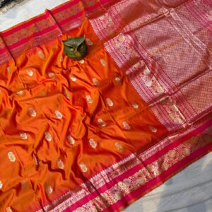 Handcrafted Mahabalipuram Silk Saree – Vibrant Orange Body with Magenta Pink Zari Border & Pallu (with Blouse Piece)
