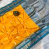 Handcrafted Mahabalipuram Silk Saree – Golden Yellow Body with Turquoise Blue Zari Border & Pallu (with Blouse Piece)