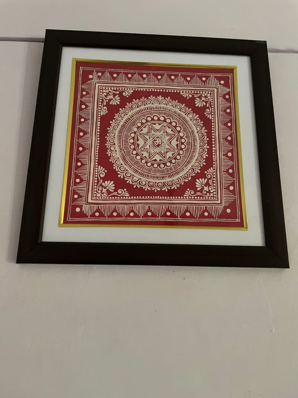 Traditional Kumaoni Aipan Art Painting | Hand-Painted Pooja Chauki Mandala | Wooden Wall Frame | 12x12 inch