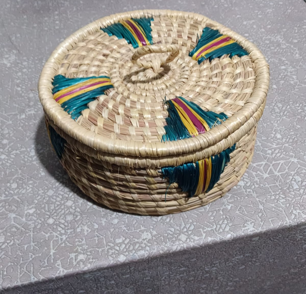 Handcrafted Eco-Friendly Pine Needle Basket | Green & Yellow Utility Box | Pirul Artisan Storage 20cm