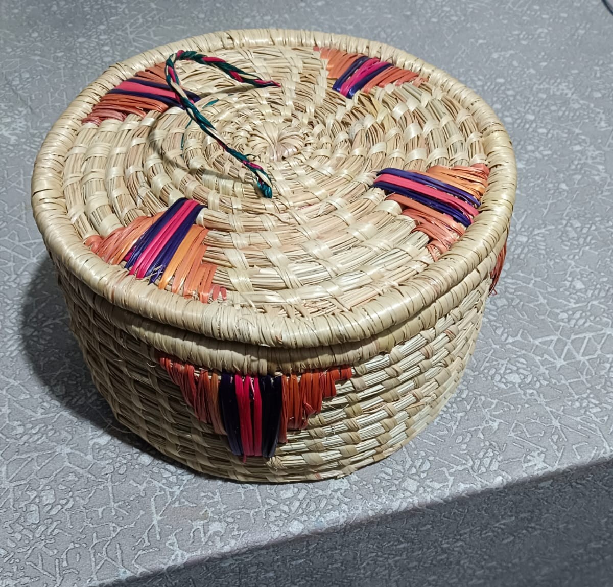 Handcrafted Eco-Friendly Pine Needle Basket | Orange & Purple Utility Box | 20cm Pirul Storage