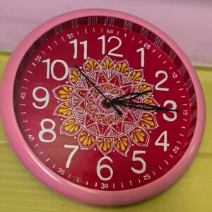 Handcrafted Aipan Art Wall Clock | 10 Inch Fiber Decorative Timepiece | Vibrant Kumaoni Folk Design (Red/ Pink)