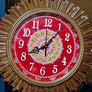 Handcrafted Brown & Red Aipan Art Wall Clock | 13 Inch Fiber Sunburst Mandala Decor