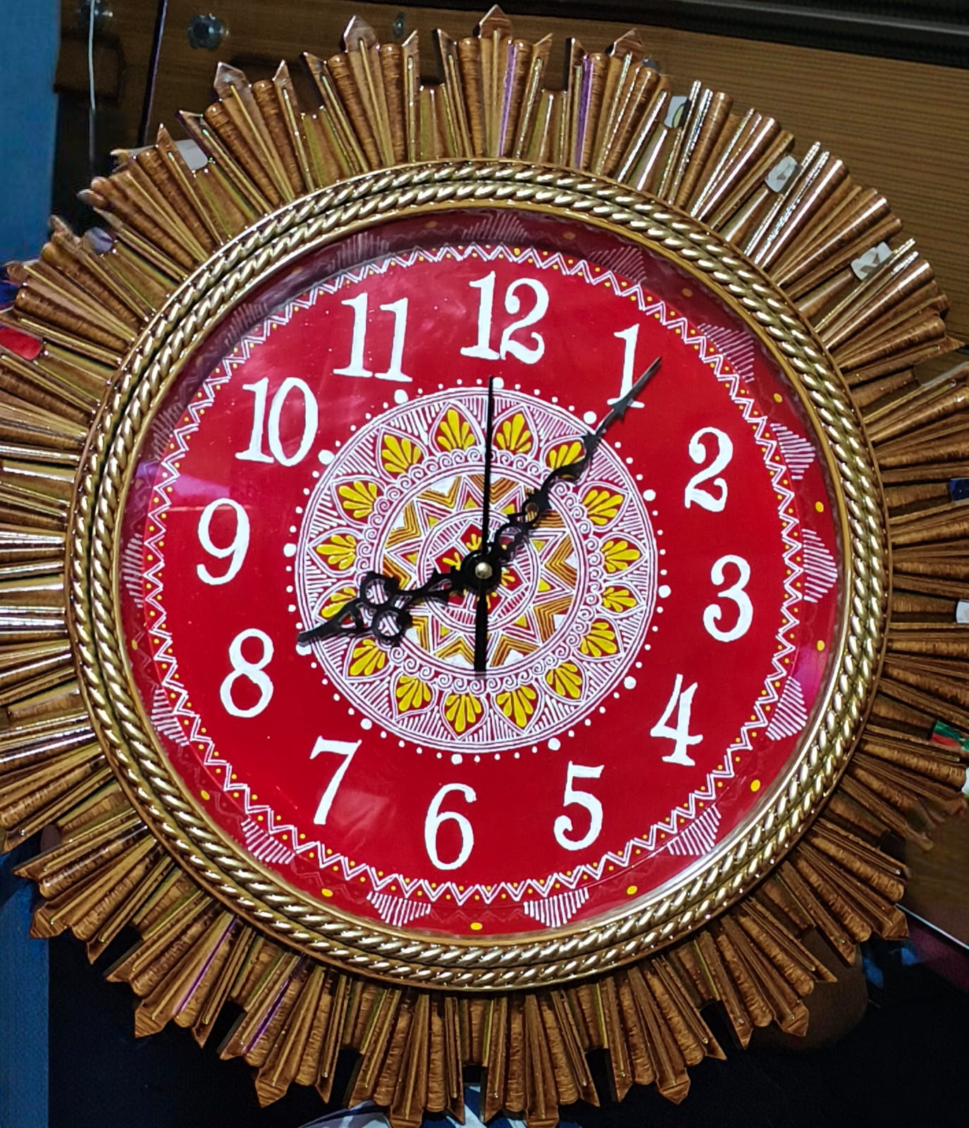 Handcrafted Brown & Red Aipan Art Wall Clock | 13 Inch Fiber Sunburst Mandala Decor