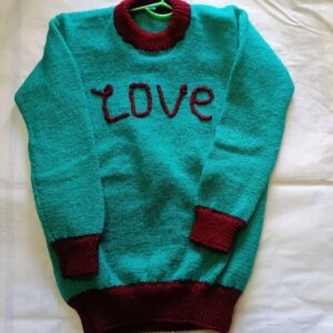 Hand-Knitted Woolen Sweater for Kids | Teal & Maroon “LOVE” Design | Cozy Winter Pullover