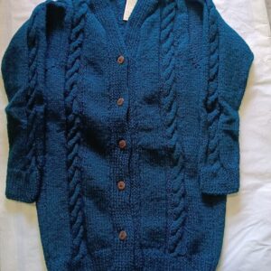 Hand-Knitted Teal Blue Woolen Cardigan with Cable Knit Pattern | Cozy Winter Wear