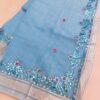 Sky Blue Kota Doria Saree with Handwoven Resham Embroidery, Mirror Work Border, Running Blouse Piece | Lightweight, Sheer, Festive Wear