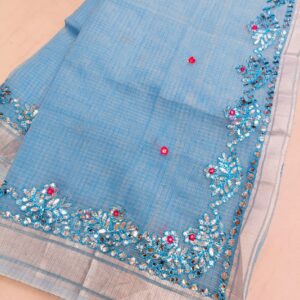 Sky Blue Kota Doria Saree with Handwoven Resham Embroidery, Mirror Work Border, Running Blouse Piece | Lightweight, Sheer, Festive Wear