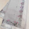 Silver Grey Kota Doria Saree with Handwoven Resham Embroidery, Mirror Work Border, Running Blouse | Lightweight, Sheer, Festive Wear