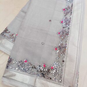 Silver Grey Kota Doria Saree with Handwoven Resham Embroidery, Mirror Work Border, Running Blouse | Lightweight, Sheer, Festive Wear