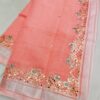 Peach Kota Doria Saree with Handwoven Resham Embroidery, Mirror Work Border, Running Blouse | Lightweight, Sheer, Summer-Festive Wear