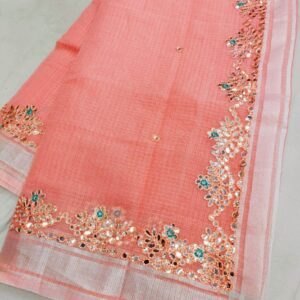 Peach Kota Doria Saree with Handwoven Resham Embroidery, Mirror Work Border, Running Blouse | Lightweight, Sheer, Summer-Festive Wear