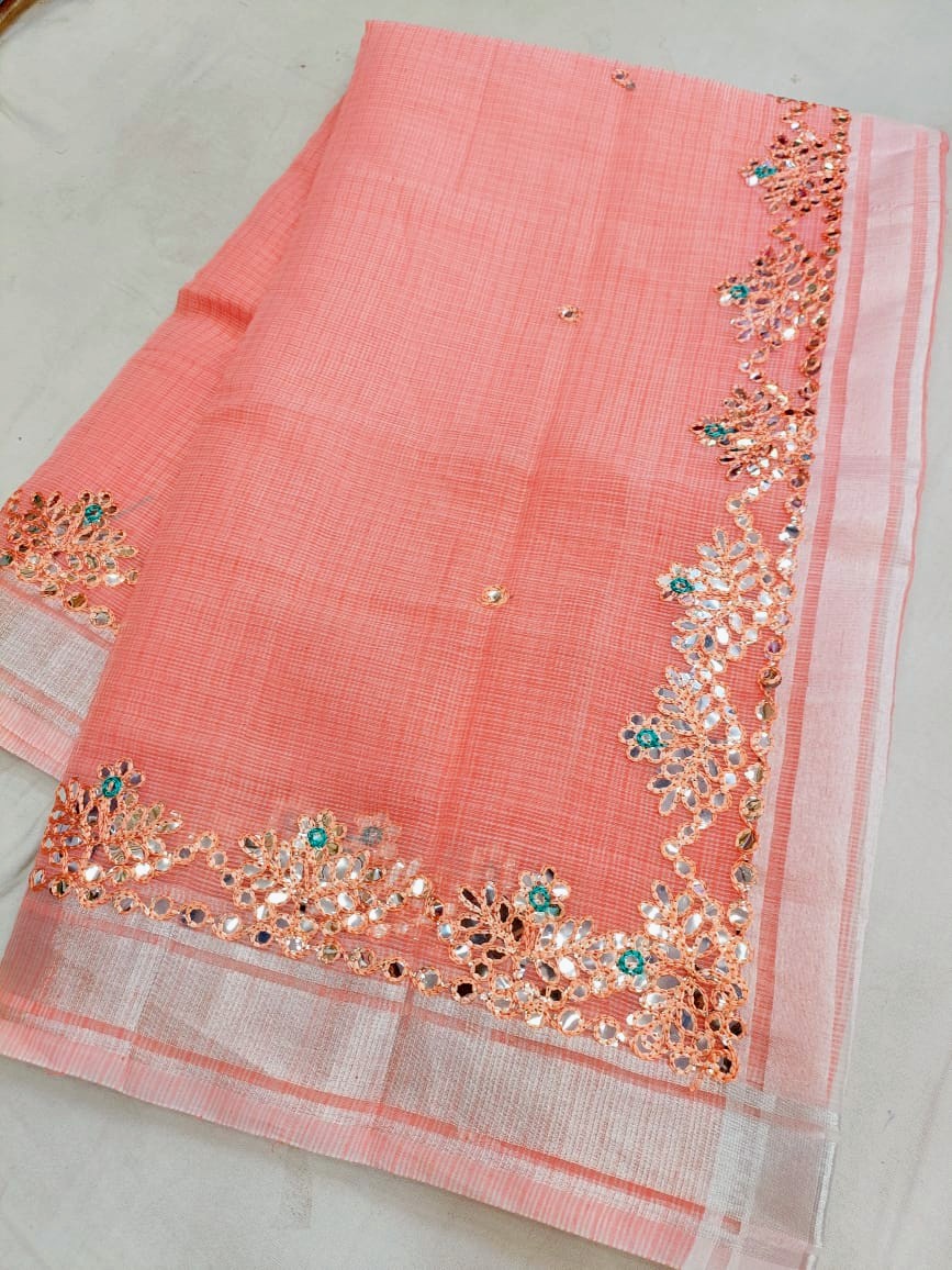Peach Kota Doria Saree with Handwoven Resham Embroidery, Mirror Work Border, Running Blouse | Lightweight, Sheer, Summer-Festive Wear