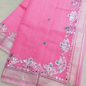 Pink Kota Doria Saree with Handwoven Resham Embroidery, Mirror Work Border, Running Blouse | Lightweight, Sheer, Festive Wear