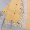Butter Yellow Kota Doria Saree with Handwoven Resham Embroidery, Mirror Work Border, Running Blouse | Lightweight, Sheer, Summer-Festive Wear