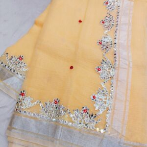 Butter Yellow Kota Doria Saree with Handwoven Resham Embroidery, Mirror Work Border, Running Blouse | Lightweight, Sheer, Summer-Festive Wear