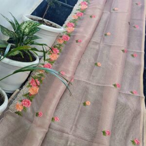 Dusty Pink Kota Tissue Saree with Hand Embroidered Floral Border & Running Blouse​
