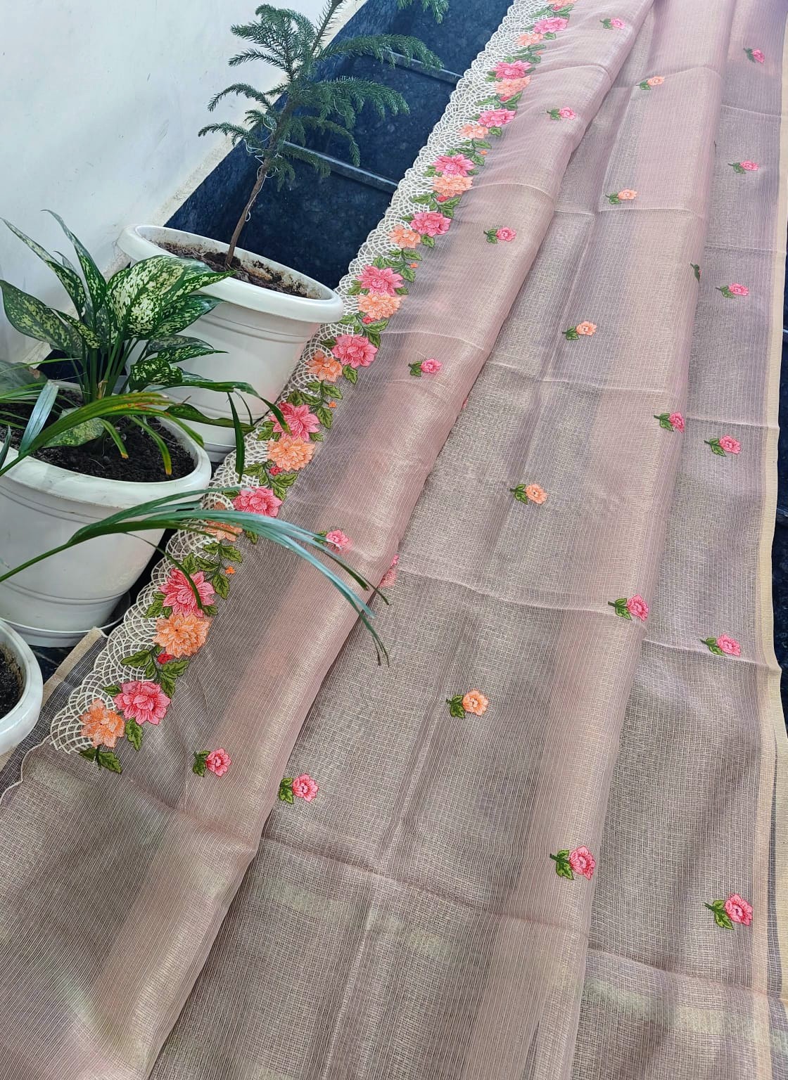 Dusty Pink Kota Tissue Saree with Hand Embroidered Floral Border & Running Blouse