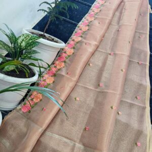 Dusty Nude Beige Kota Tissue Saree with Hand Embroidered Floral Border & Running Blouse