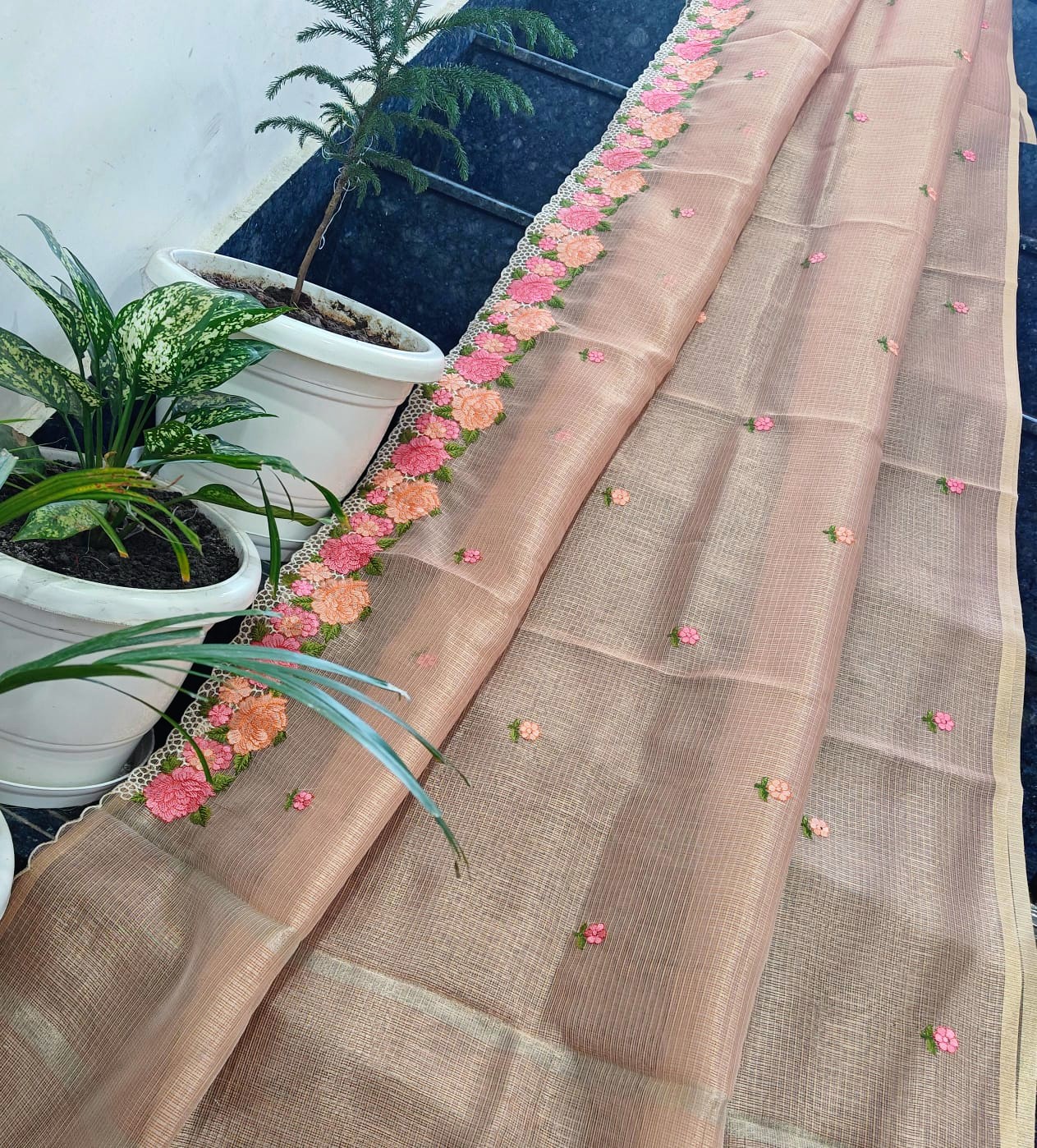 Dusty Nude Beige Kota Tissue Saree with Hand Embroidered Floral Border & Running Blouse