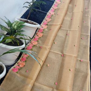 Honey Gold Kota Tissue Saree with Hand Embroidered Floral Border & Running Blouse