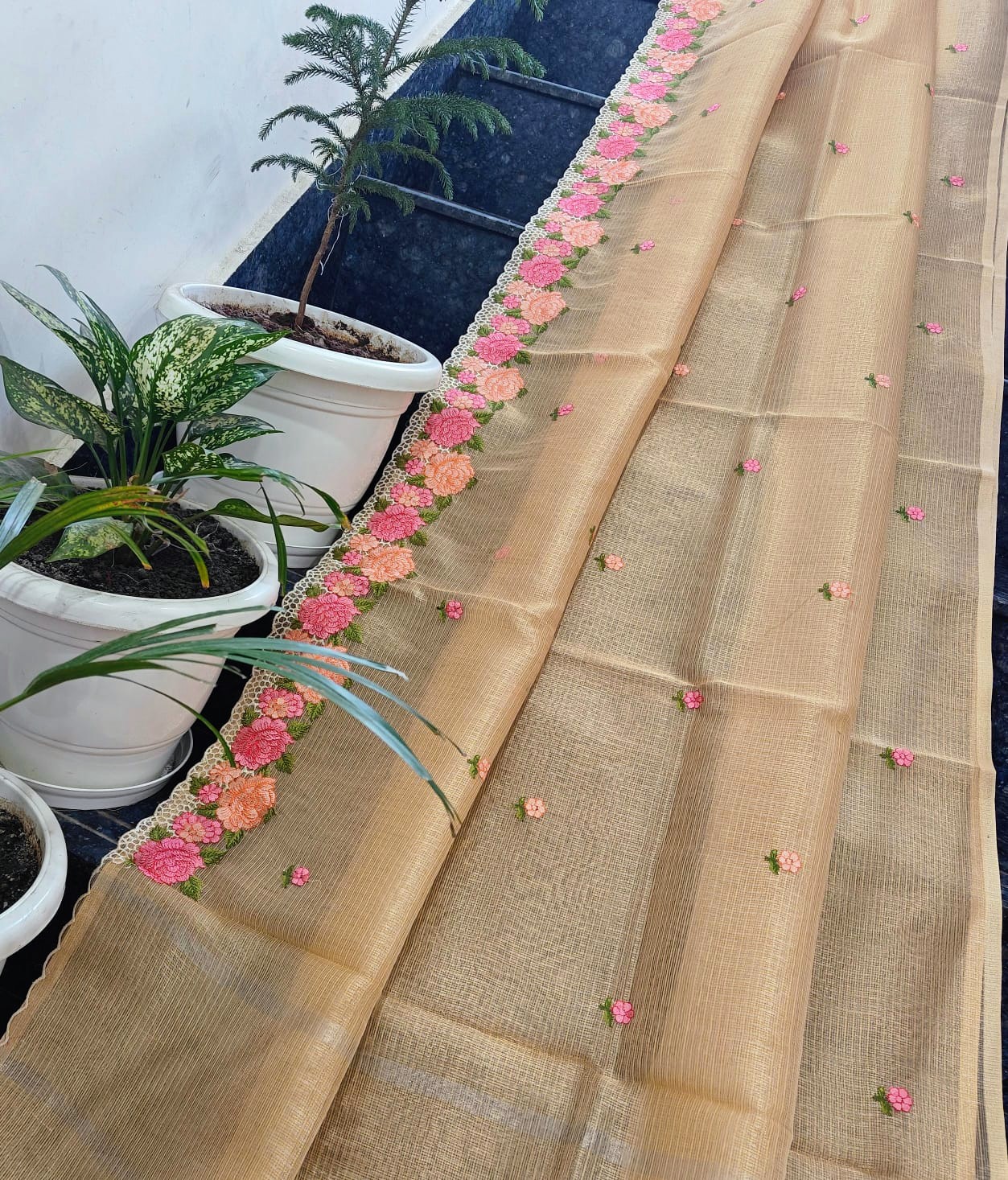 Honey Gold Kota Tissue Saree with Hand Embroidered Floral Border & Running Blouse