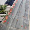 Elegant Pastel Grey Kota Tissue Saree with Hand Embroidered Floral Border & Running Blouse