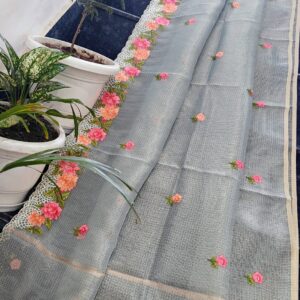 Elegant Pastel Grey Kota Tissue Saree with Hand Embroidered Floral Border & Running Blouse
