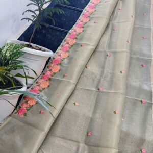 Pista Green Kota Tissue Saree with Hand Embroidered Floral Border & Running Blouse