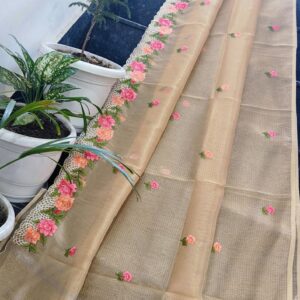 Golden Beige Kota Tissue Saree with Hand Embroidered Floral Border & Running Blouse
