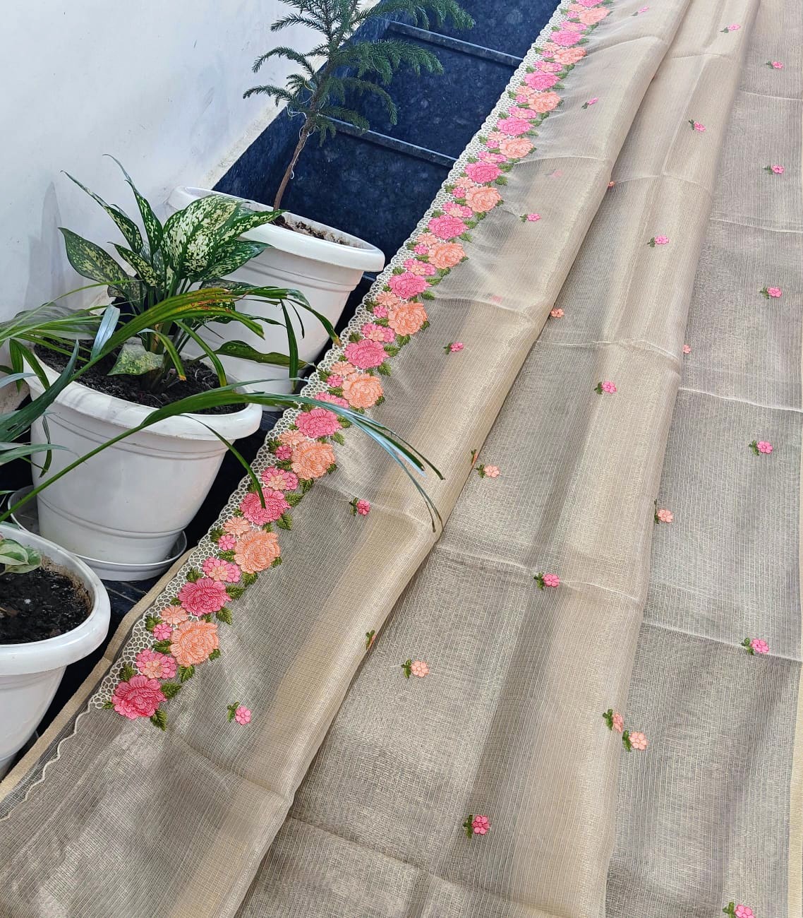 Beige Kota Tissue Saree with Hand Embroidered Floral Border & Running Blouse