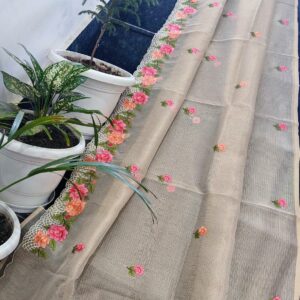 Ivory Kota Tissue Saree with Hand Embroidered Floral Border & Running Blouse