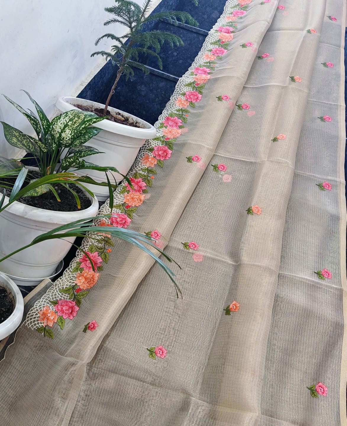 Ivory Kota Tissue Saree with Hand Embroidered Floral Border & Running Blouse