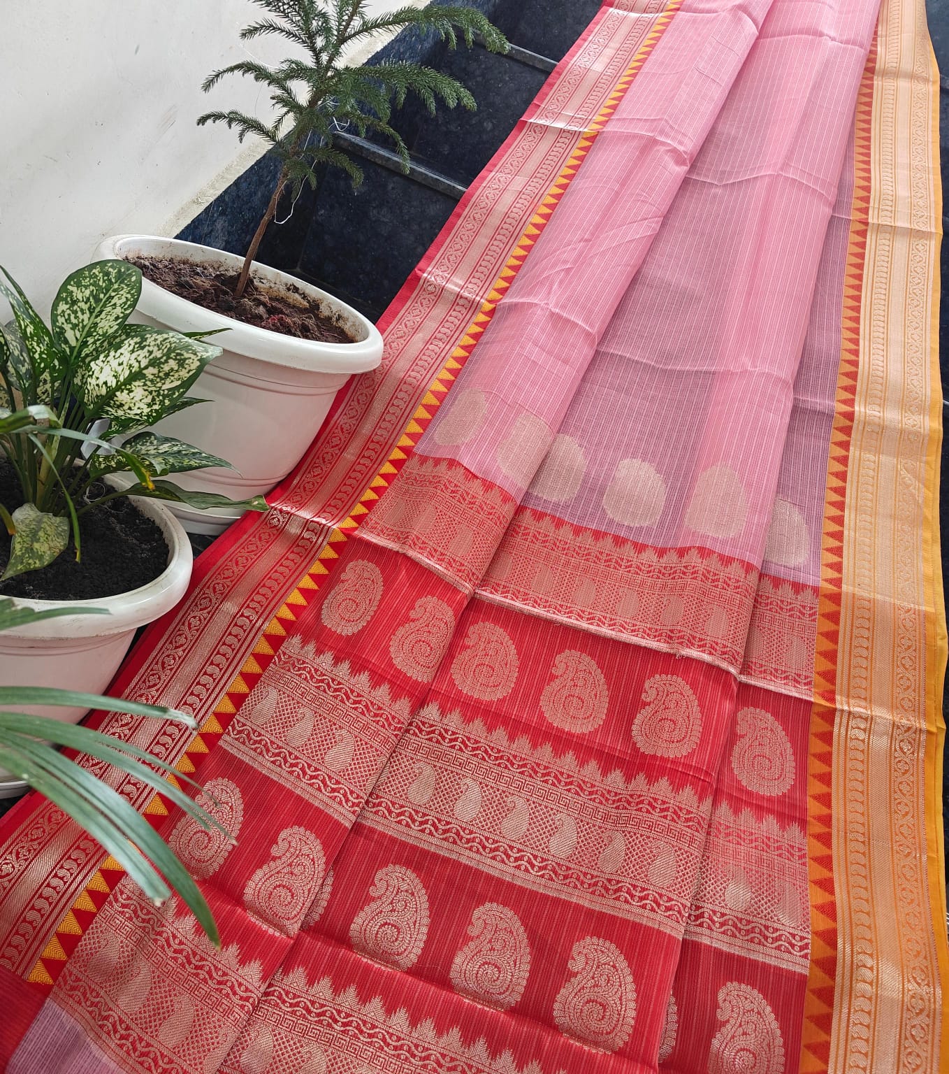 Handwoven Pink Kota Doria Saree with Red Zari Pallu & Golden Double-Shade Temple Border | Lightweight Traditional Saree with Running Blouse