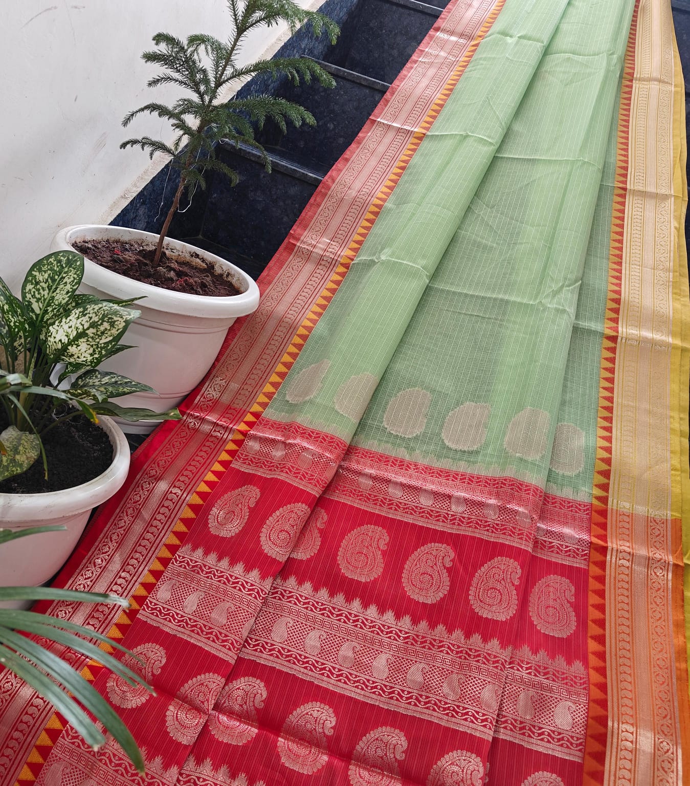 Handwoven Pastel Green Kota Doria Saree with Red Pallu & Golden Double-Shade Border | Lightweight Traditional Saree with Running Blouse