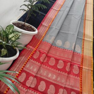 Handwoven Kota Doria Saree with Red–Grey Body & Golden Double-Shade Border | Lightweight Traditional Saree with Running Blouse